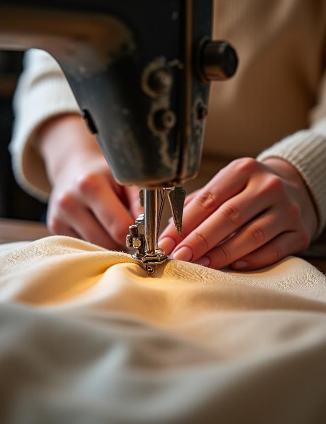 Close-up shot of an artisan's hands guiding fabric through a vintage sewing machine, highlighting the meticulous craft.