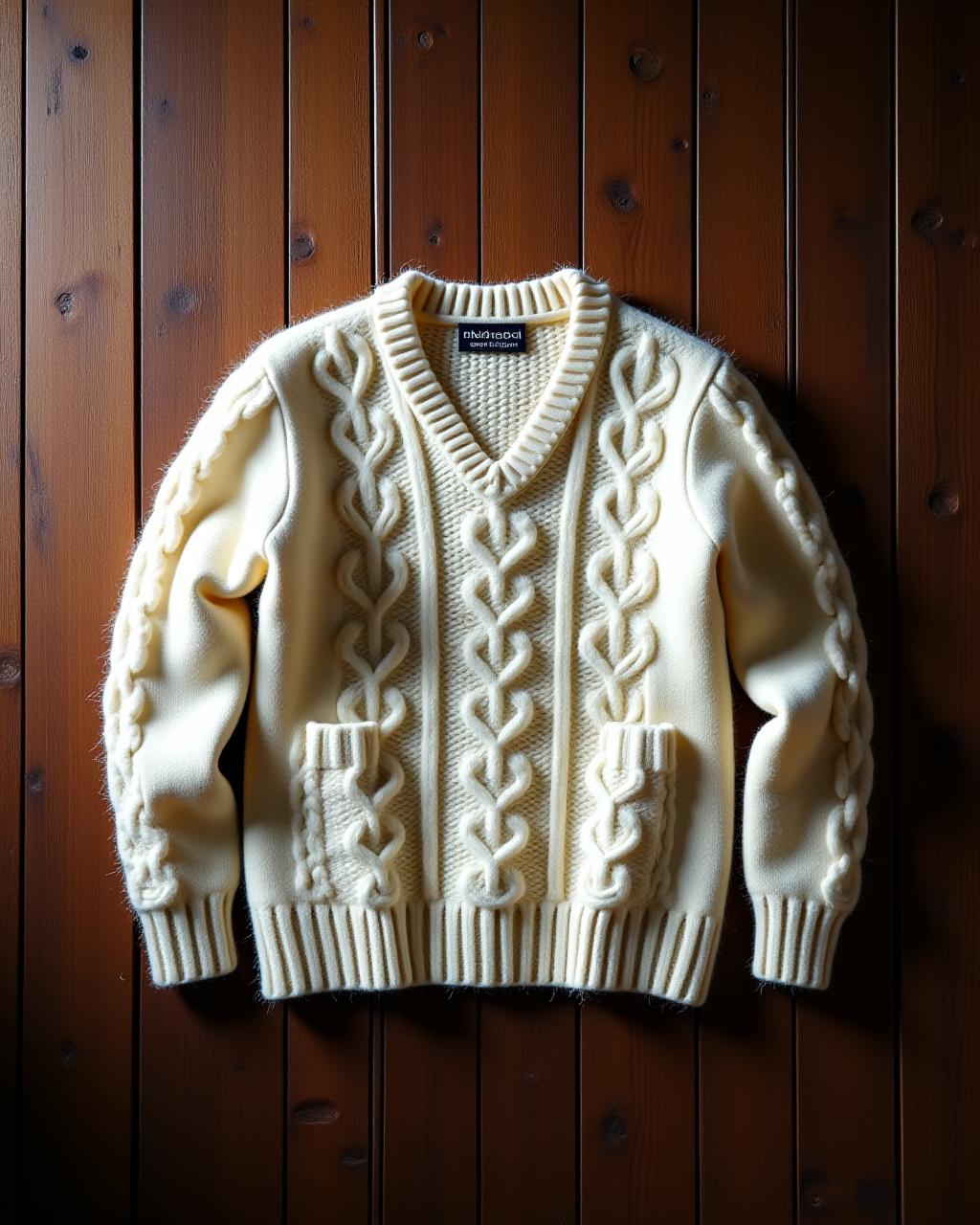 A handcrafted Aran wool sweater laid flat on a rustic wooden surface, showcasing its rich texture.