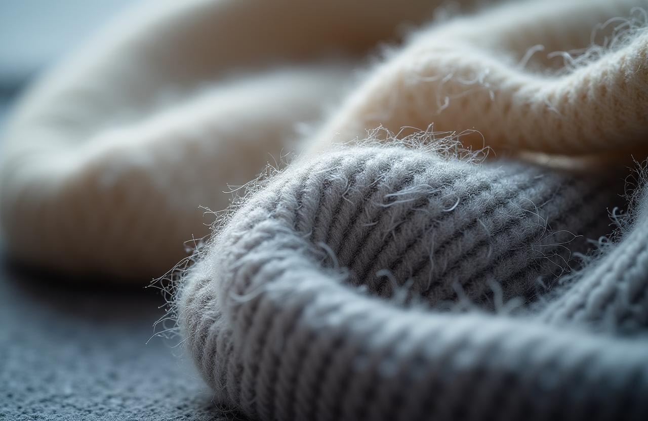 Close-up on the intricate knit of a handcrafted cashmere scarf, showing its luxurious texture.