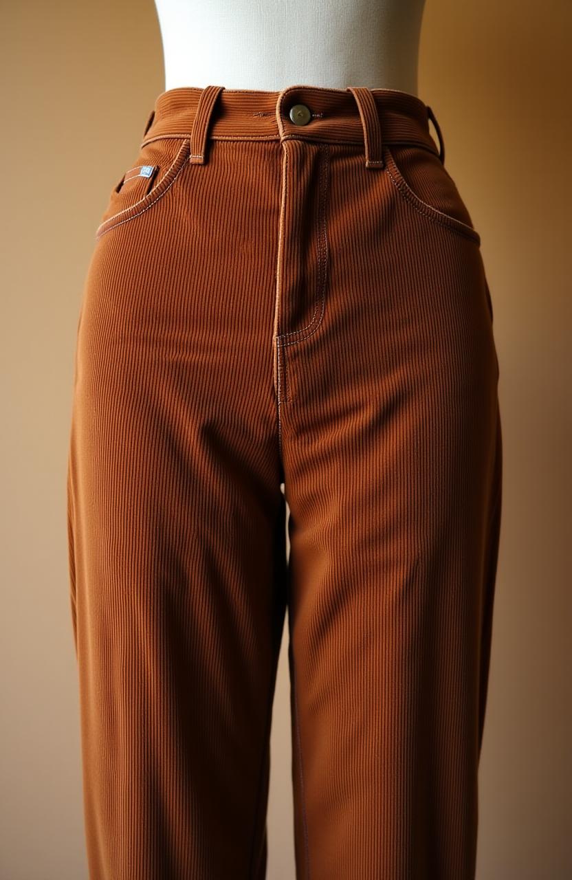 High-waisted corduroy trousers in a rich earthy tone, offering both comfort and vintage style.