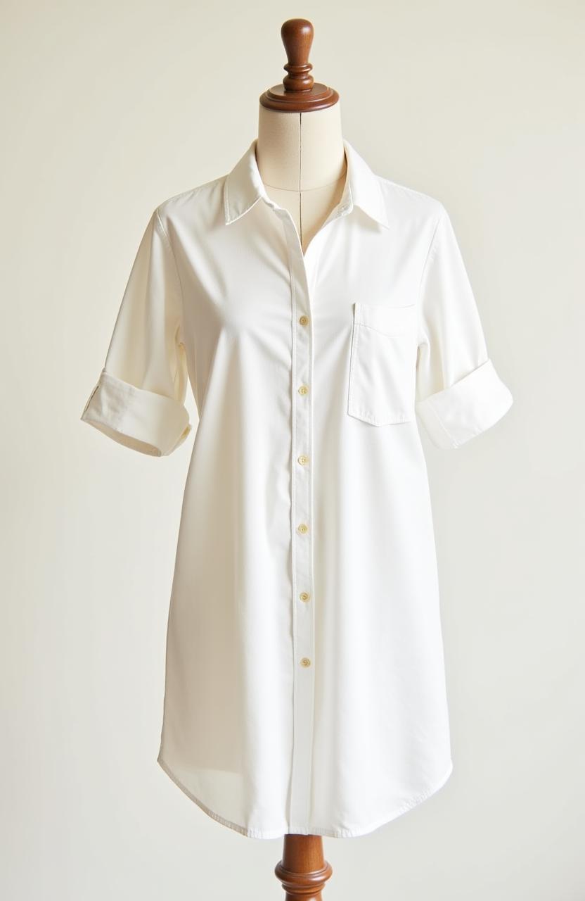 A versatile and comfortable cotton shirtdress displayed on a mannequin, ideal for everyday elegance.