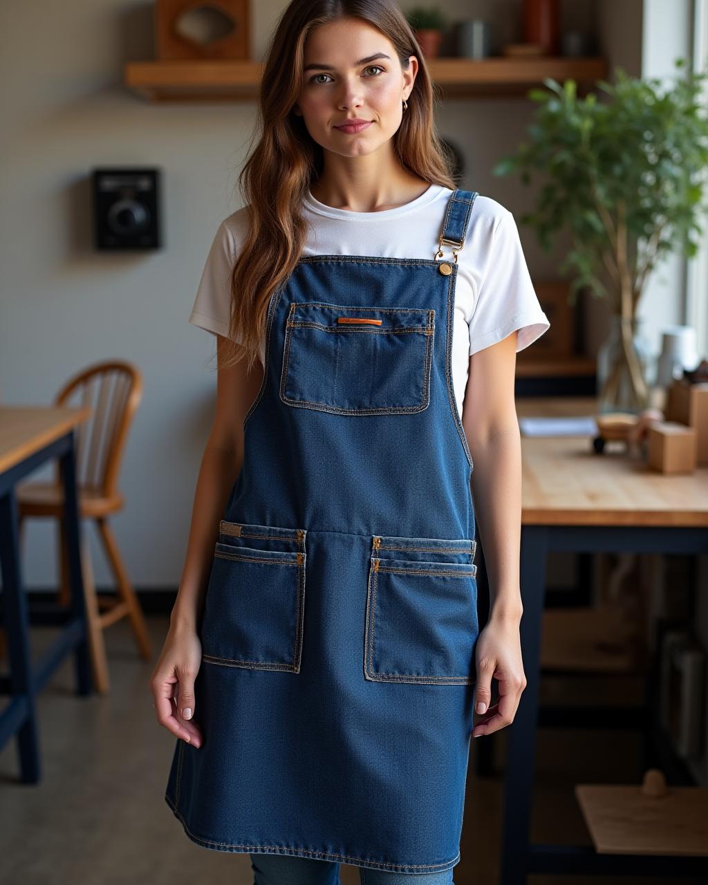 A functional and stylish denim apron dress, showcasing practical yet chic design elements.