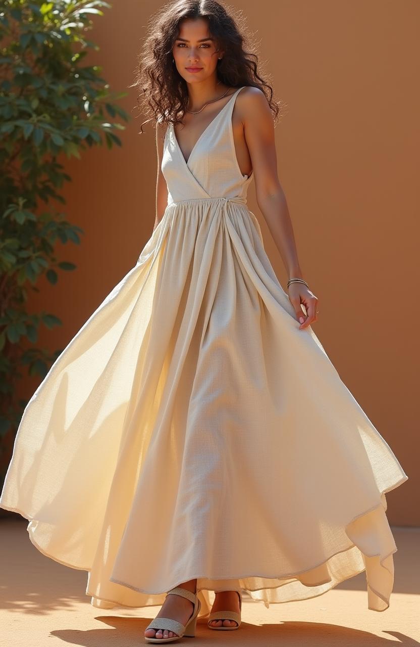 A model elegantly wearing a flowing natural linen wrap skirt, perfect for a relaxed yet refined look.