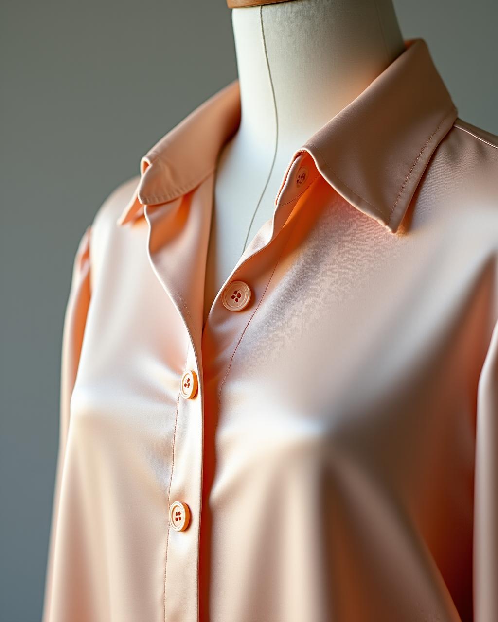 Detailed shot of a luxurious silk button-down blouse on a hanger, highlighting its delicate fabric and design.
