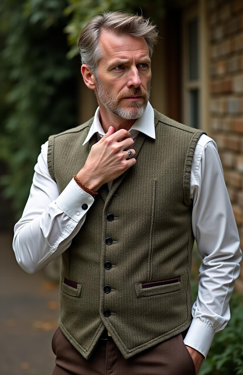 A distinguished man wearing a classic Irish tweed vest, reflecting traditional craftsmanship.