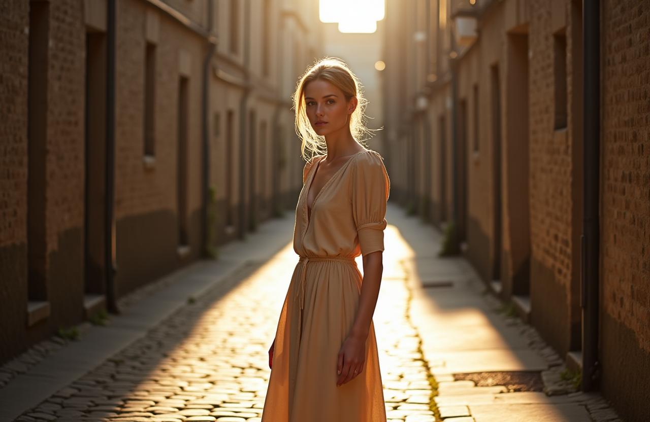 A model wearing a handcrafted linen dress from Dublin Weaver in a sunlit Dublin alley.