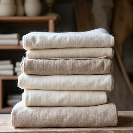 Bolts of natural linen and wool fabric stacked on a shelf, representing sustainable sourcing.