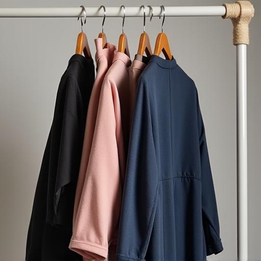 A finished garment hanging for final quality inspection, focusing on the meticulous finishing touches.