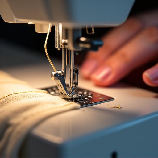 A close-up of a needle and thread making a precise stitch on a garment, emphasizing mindful craftsmanship.